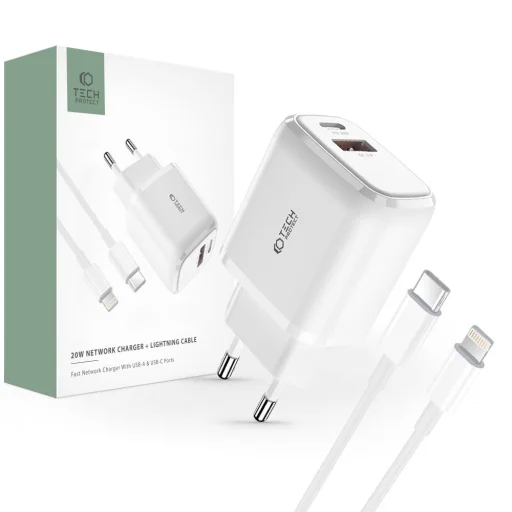 Tech-Protect C20W hálózati töltő adapter PD20W/QC3.0 1x USB-A, 1x USB-C, 1x USB-C - lightning töltőkábel - 6