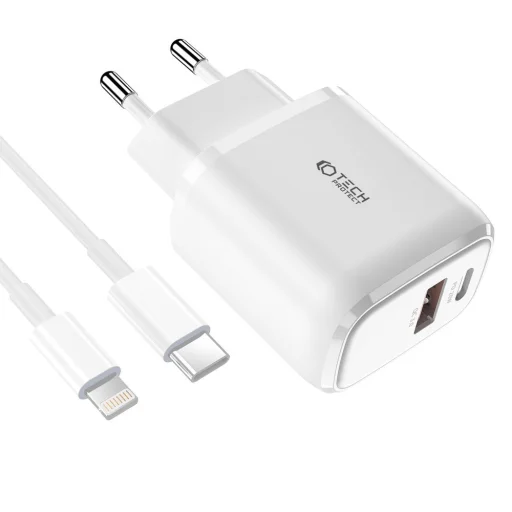 Tech-Protect C20W hálózati töltő adapter PD20W/QC3.0 1x USB-A, 1x USB-C, 1x USB-C - lightning töltőkábel - 1