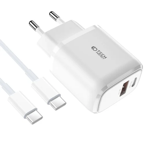 Tech-Protect C20W hálózati töltő adapter PD20W/QC3.0 1x USB-A, 1x USB-C, 1x USB-C - USB-C töltőkábel  - 1