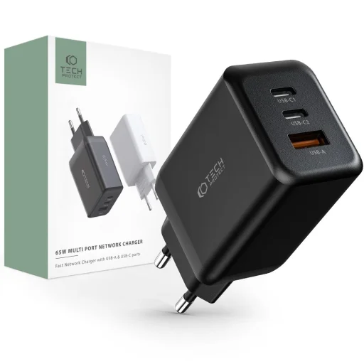 Tech-Protect C65W hálózati töltő adapter PD65W/QC3.0 1x USB-A, 2x USB-C, fekete - 5