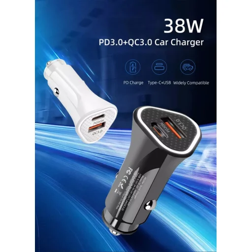 Autós szivargyújtós töltő USB-A + USB Type-C, QC3.0 PD 38W, fehér - 4