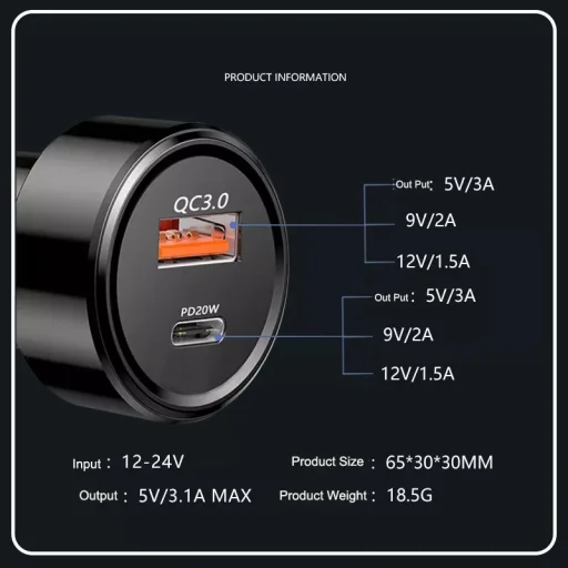 Autós szivargyújtós töltő USB-A + USB Type-C, QC3.0 PD 38W, fekete - 2