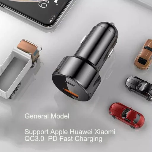 Autós szivargyújtós töltő USB-A + USB Type-C, QC3.0 PD 38W, fekete - 3