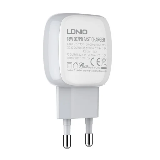 LDNIO A2313C USB + USB-C hálózati töltő adapter PD QC 3.0, 18W (fehér) - 3