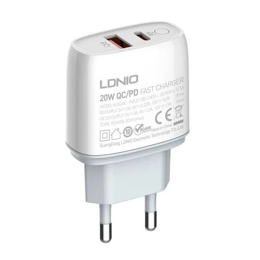 LDNIO A2424C USB + USB-C hálózati töltő adapter PD QC 3.0, 20W (fehér) - 1