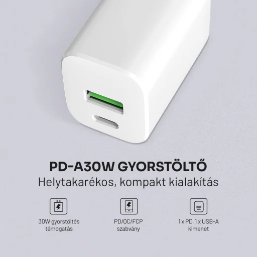 Alphajack PD-A30W hálózati gyorstöltő adapter, 1x USB-C (PD), 1x USB-A 30W - 5