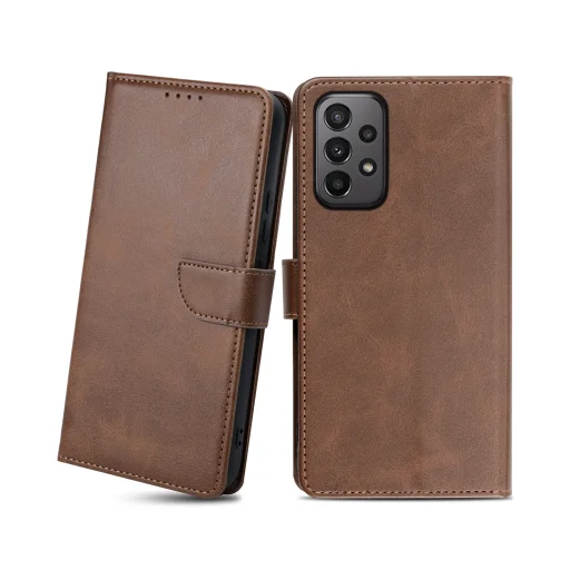 Samsung Galaxy A23 5G mágneses PU bőr fliptok kártyatartóval sötétbarna Alphajack - 1