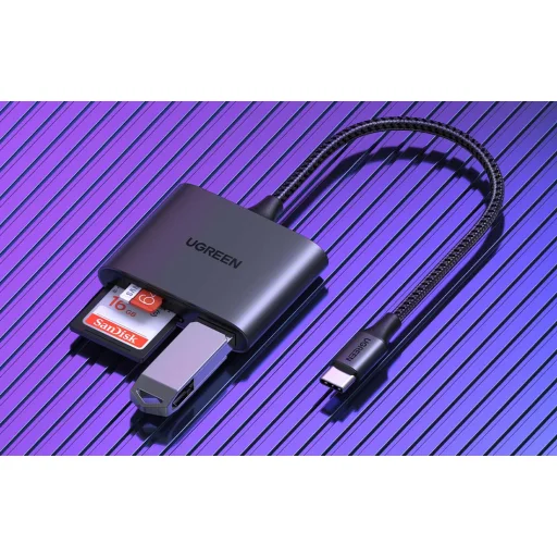 Ugreen CM387 USB-C HUB elosztó adapter, microSD/SD kártyaolvasó + USB-A (fekete) - 4