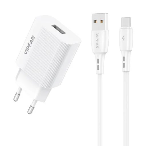 Vipfan E01 fali hálózati töltő adapter, 1x USB, 2,4A + USB-C kábel (fehér) - 1