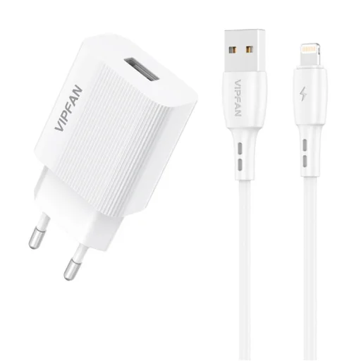 Vipfan E01 fali hálózati töltő adapter, 1x USB, 2,4A + Lightning kábel (fehér) - 1