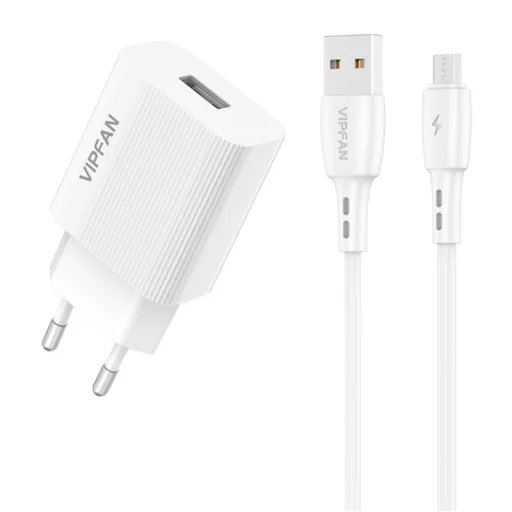 Vipfan E01 fali hálózati töltő adapter, 1x USB, 2,4A + micro USB kábel (fehér) - 1
