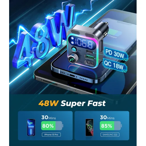 Joyroom JR-CL16 Bluetooth FM transmitter USB + USB-C, 48W (fekete) - 6