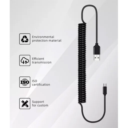 Spirál USB - Micro USB kábel 2A 1m fekete - 4