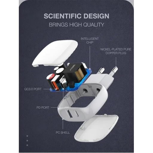 LDNIO A2313C 18W hálózati töltő adapter USB-A, USB-C QC3.0 PD + 1m USB töltőkábel - 2