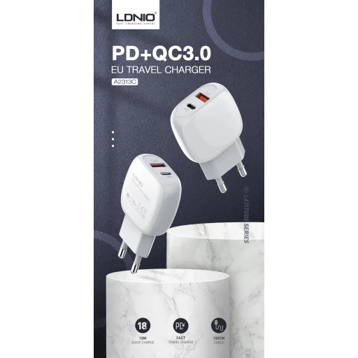LDNIO A2313C 18W hálózati töltő adapter USB-A, USB-C QC3.0 PD + 1m USB töltőkábel - 3