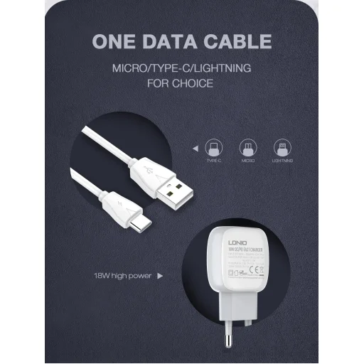 LDNIO A2313C 18W hálózati töltő adapter USB-A, USB-C QC3.0 PD + 1m USB töltőkábel - 4