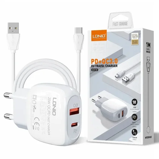 LDNIO A2313C 18W hálózati töltő adapter USB-A, USB-C QC3.0 PD + 1m USB töltőkábel - 1