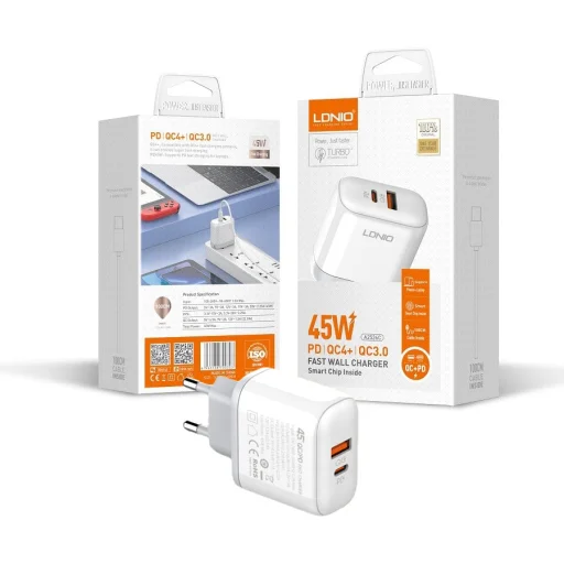 LDNIO A2526C 45W hálózati töltő adapter USB-A, USB-C QC4.0 PD + 1m USB Type-C töltőkábel - 1