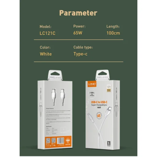 LDNIO LC121-C 65W USB Type-C - USB Type-C PD QC kábel 1m fehér - 4