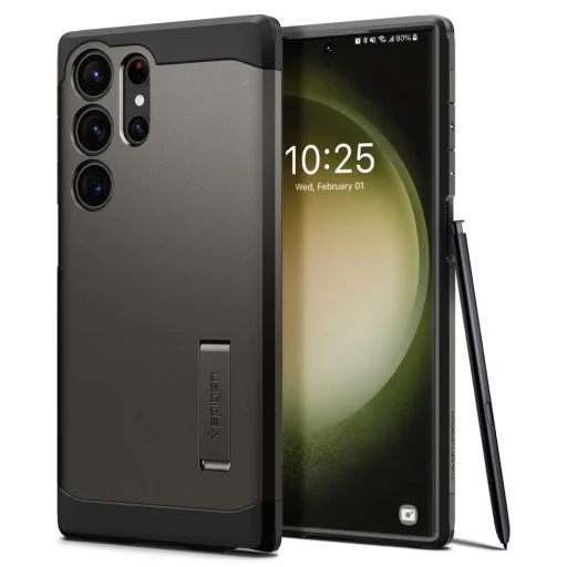 Samsung Galaxy S23 Ultra puzdro Spigen Tough Armor s výklopným stojanom vo farbe Gunmetal (neobsahuje S Pen) - 1