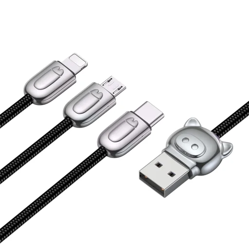 Baseus Three Little Pigs USB - micro USB/USB Type-C/Lightning nylon harisnyázott kábel fekete - 9