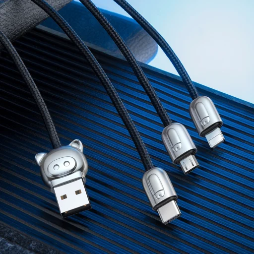 Baseus Three Little Pigs USB - micro USB/USB Type-C/Lightning nylon harisnyázott kábel fekete - 10