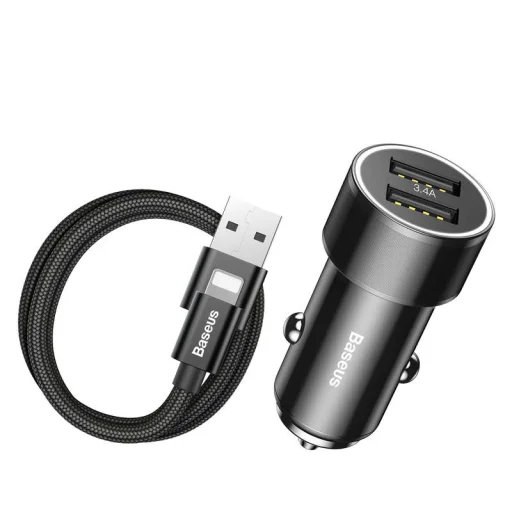 Baseus Dual USB autós szivargyújtós töltő 3.4A Lightning kábellel fekete - 2