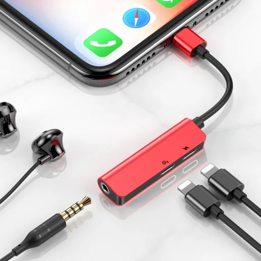 Baseus 3in1 Lightning - Dual Lightning/ 3.5 Jack adapter piros - 6