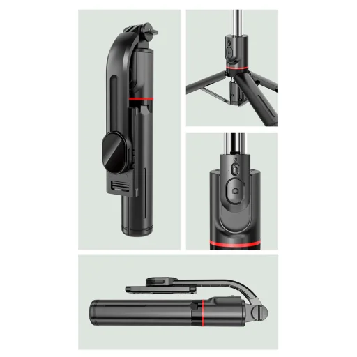 Szelfiállvány leszerelhető lámpával, állvánnyal és bluetooth távirányítóval L13D fekete - 11