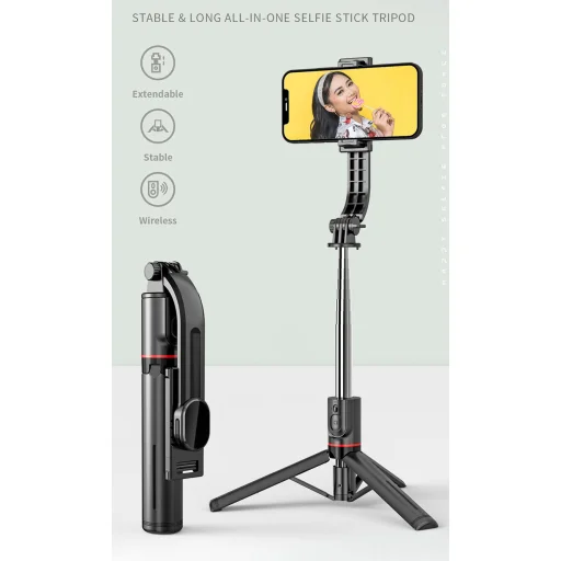Szelfiállvány leszerelhető lámpával, állvánnyal és bluetooth távirányítóval L13D fekete - 6