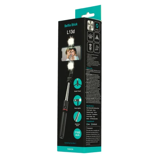 Szelfiállvány leszerelhető lámpával, állvánnyal és bluetooth távirányítóval L13D fekete - 10