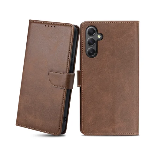 Samsung Galaxy A34 5G mágneses PU bőr fliptok kártyatartóval sötétbarna Alphajack - 1