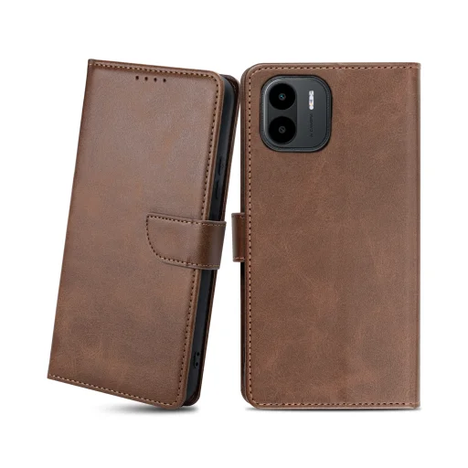 Xiaomi Redmi A1 mágneses PU bőr fliptok kártyatartóval sötétbarna Alphajack - 1