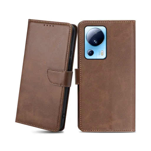 Xiaomi 13 Lite mágneses PU bőr fliptok kártyatartóval sötétbarna Alphajack - 1