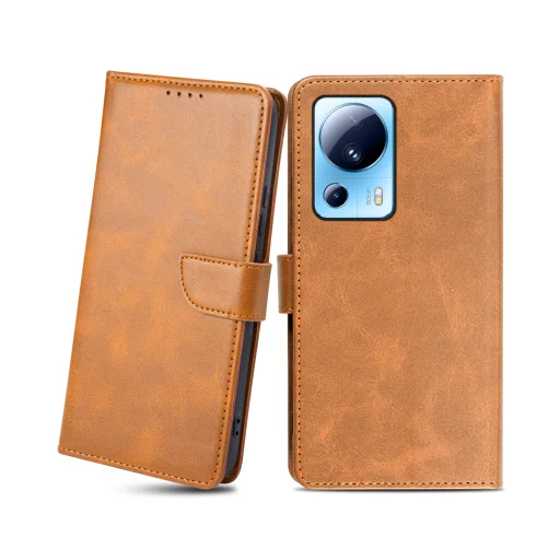 Xiaomi 13 Lite mágneses PU bőr fliptok kártyatartóval világosbarna Alphajack - 1