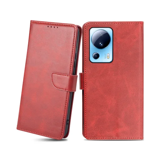 Xiaomi 13 Lite mágneses PU bőr fliptok kártyatartóval piros Alphajack - 1