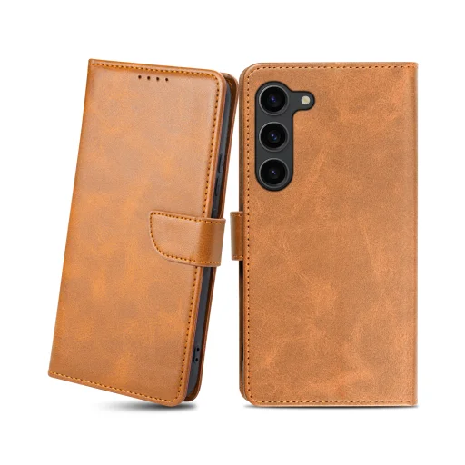 Samsung Galaxy S23 mágneses PU bőr fliptok kártyatartóval világosbarna Alphajack - 1