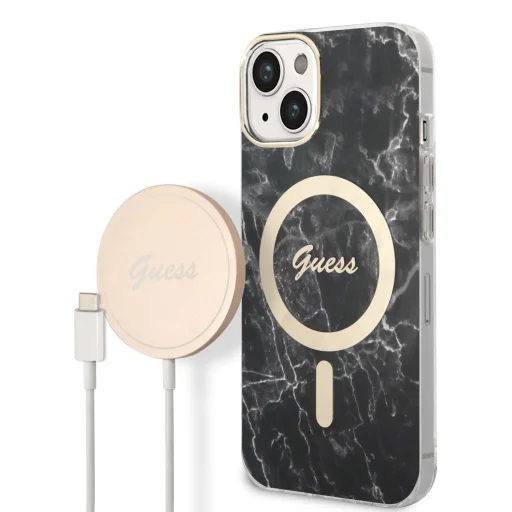 iPhone 14 Guess BUGUHMP14SHMEACSK Marble MagSafe kompatibilis hátlap + vezeték nélküli töltő fekete - 1