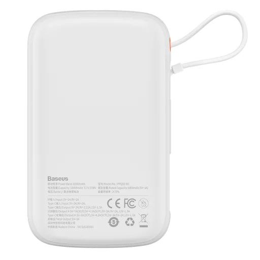 Baseus Qpow Pro Powerbank 10000mAh USB + TYP C - PD 22,5W Type C kábellel fehér - 3