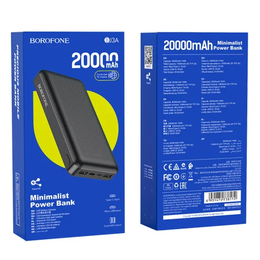 Borofone BJ3A Minimalist Powerbank 20000mAh 2xUSB fekete - 7