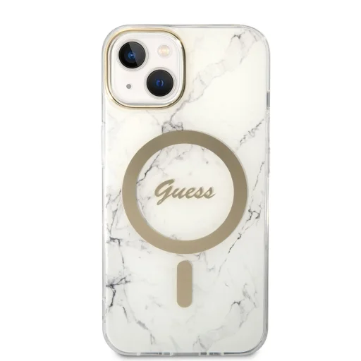 iPhone 14 Guess BUGUHMP14SHMEACSH Marble MagSafe kompatibilis hátlap + vezeték nélküli töltő fehér - 3