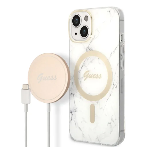 iPhone 14 Guess BUGUHMP14SHMEACSH Marble MagSafe kompatibilis hátlap + vezeték nélküli töltő fehér - 1