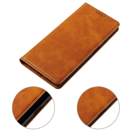 Samsung Galaxy A34 5G mágneses pánt nélküli PU bőr fliptok kártyatartóval világosbarna Alphajack - 3