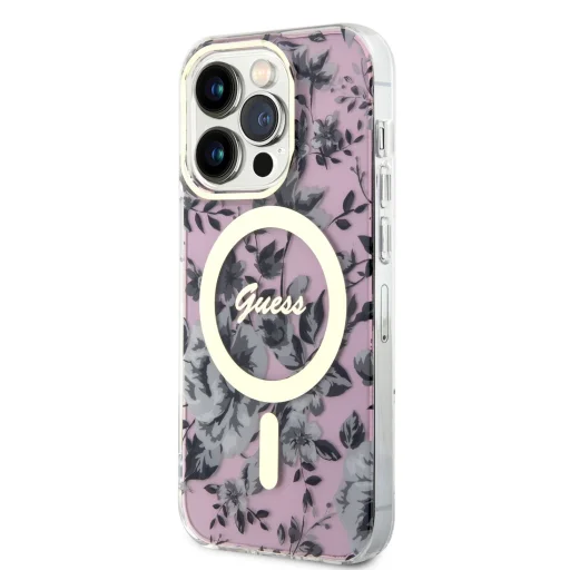 iPhone 14 Pro Guess PC/TPU Flowers IML MagSafe kompatibilis tok rózsaszín (GUHMP14LHCFWSP) - 1
