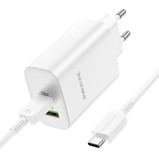 Borofone BN10 SunLight fali töltő adapter USB + Type C QC 3.0 PD 65W + Type C - Type C kábel fehér - 4