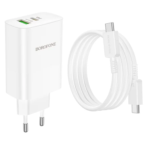 Borofone BN10 SunLight fali töltő adapter USB + Type C QC 3.0 PD 65W + Type C - Type C kábel fehér - 5