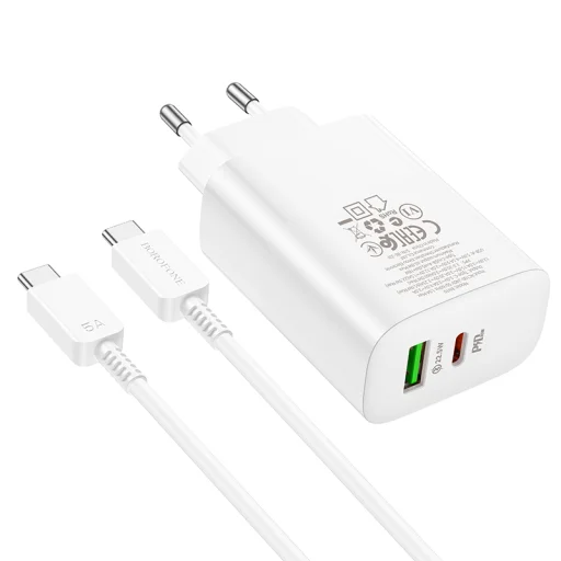 Borofone BN10 SunLight fali töltő adapter USB + Type C QC 3.0 PD 65W + Type C - Type C kábel fehér - 6