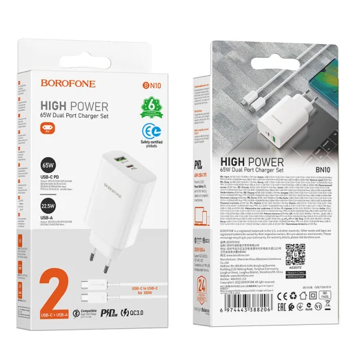 Borofone BN10 SunLight fali töltő adapter USB + Type C QC 3.0 PD 65W + Type C - Type C kábel fehér - 7