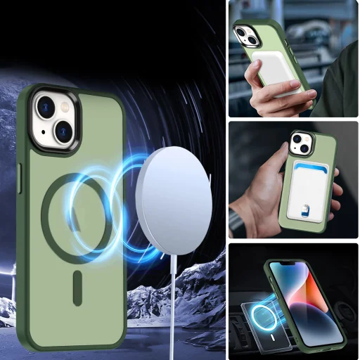 iPhone 15 Plus MagSafe-kompatibilis áttetsző matt tok sötétzöld Alphajack - 3