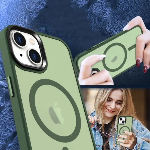 iPhone 15 Plus MagSafe-kompatibilis áttetsző matt tok sötétzöld Alphajack - 4